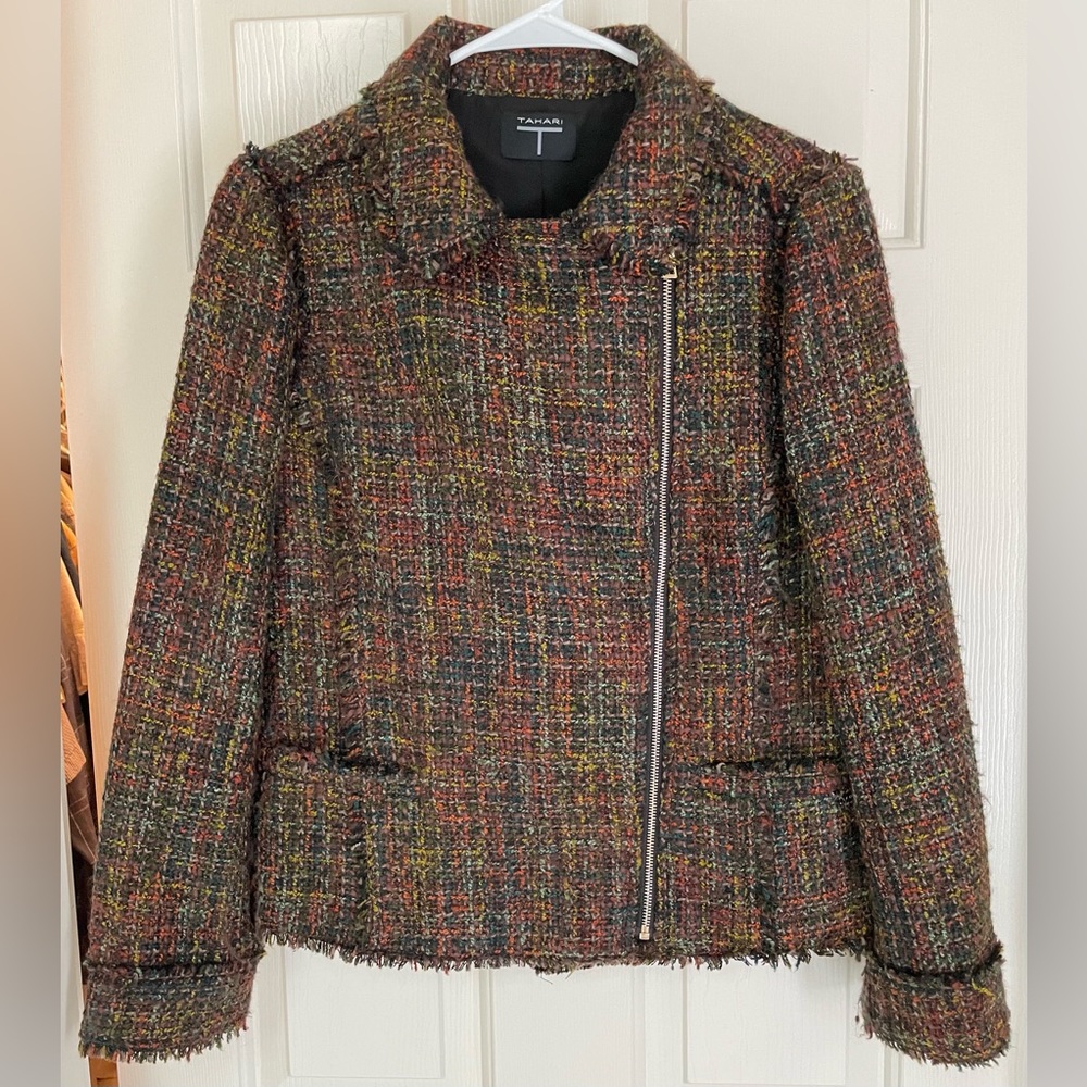 Tahari medium multi color blazer motorcycle side zip